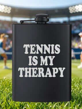 Personalized Sports Tennis Is My Therapy Black Flask | Tennis | Sports | Flask